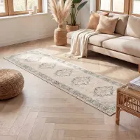 FRAAI Tapis de couloir vintage | Spring Medallion Crème/Vert | 80x250cm | Crème | Tapis de couloir | Tapis
