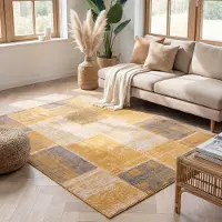 FRAAI Tapis patchwork - Spring Jaune Ocre/Taupe | 140x200 cm | Rectangulaire | Pile courte