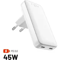 FIXED Chargeur avec pointes interchangeables 45W 2x USB-C PD 3.0 GaN, EU, USA, UK, AUS, Slim Traveller, Blanc