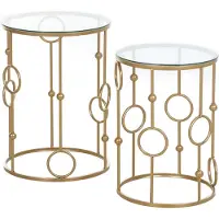 HOMCOM Tables gigognes Lot de 2 Tables Basses Rondes Design Style Art déco Ø 41 et Ø 36 cm métal doré Verre trempé 5 mm