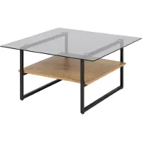 Selsey Table d'appoint HIDEKO - Table basse avec plateau en verre, structure en métal noir et étagère imitation chêne, carrée, 80x80 cm
