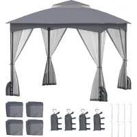 Costway Pavillon 3x3m avec moustiquaire, 4 sacs de sable & double toit, étanche, stable, résistant à l'hiver, tente de réception, pavillon de jardin Gris