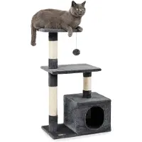 Lionto Arbre à chat, 85 cm Arbre à chat & de jeu compact avec grotte, 2 plateaux, balle en peluche & troncs en sisal, avec support mural, gris foncé