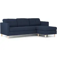 Ebuy24 Marino Sofa, Canapé avec chaise longue réversible à droite ou à gauche, en tissu bleu avec pieds en bois.