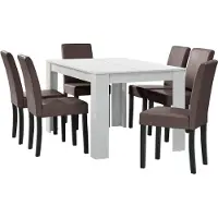 En.casa [] Table de salle à manger blanche mate avec 6 chaises marron en similicuir rembourré 140x90 Groupe de salle à manger