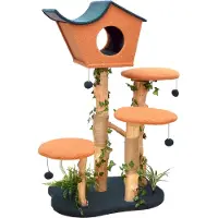 Fudajo Arbre à chat - 135 cm de haut - design végétal avec lierre et fougères - Meuble grattage félin peluche - Couleur vert-orange - avec Cabane asymétrique, sisal, niche et plate-forme, balles