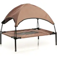 Wiltec Transat pour chiens et chats avec Toit – couleur Marron – XL / 122 x 91 x 95 cm – 50 kg max – en tissu Oxford – Lit de camp relaxant surélevé pour Animal domestique avec protection soleil