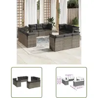 The Living Store 12 pcs. salon de jardin avec coussins Gris Poly Rattan