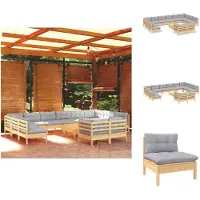 vidaXL Ensemble de salon de jardin 13 pièces avec coussins gris en pin - Ensembles de meubles de jardin