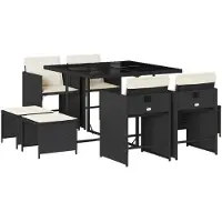 Syfax Ensemble à manger de jardin 9pcs coussins noir résine tressée