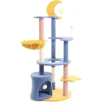 Fudajo Arbre à chat - 132 cm de haut - design ludique avec Lune et Étoiles - Meuble grattage félin peluche - Couleur bleu-jaune - avec Maison, sisal, niche et plate-forme, balles de jeu