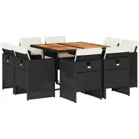 Syfax Ensemble à manger de jardin 9pcs coussins noir résine tressée