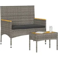 vidaXL Banc de jardin 2 places avec coussins et table Gris Poly rotin