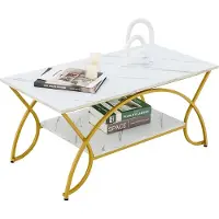 Costway Table basse HV10267WH, avec étagère, à deux niveaux, rectangulaire, table pliante, table de rangement, en faux marbre et structure métallique