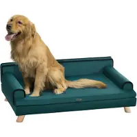 PawHut Canapé pour chien chat design scandinave coussin moelleux amovible pieds bois massif 100 x 62 x 32 cm bleu canard