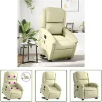 The Living Store Fauteuil de massage avec releveur électrique Crème Cuir véritable