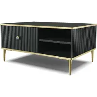 Sonstiges Table basse PETRA 90x60 cm NOIR MATTE avec pieds métalliques dorés Table basse de salon, style moderne, avec espace de rangement caché, avec tiroir, étagères