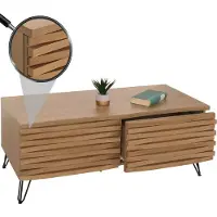 Mendler Table basse HWC-M49, table de salon, design 3D 2 tiroirs bois massif mangue métal 46x110x55cm naturel