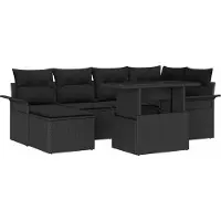 Syfax Ensemble Salon de Jardin Modulable 7 Places, Poly Rotin Noir, Table Réglable Hauteur, Coussins Polyester Résistants UV et Intempéries