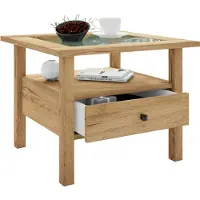 VCM Table latérale en bois avec verre de sécurité ESG | Table basse simple | Dimensions env. H. 42 x W. 54 x D. 54 cm | Table salon avec tiroir | Canapé - Lingis M