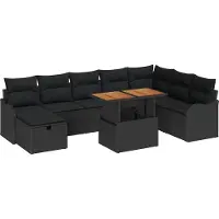 Syfax Salon de jardin modulaire 9 pièces, polyrotin noir, avec coussins, table acacia massif, pieds acier, rangement intégré, résistant UV, extérieur