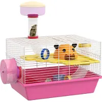 PawHut Cage à hamster rat rongeur avec plateforme, biberon eau, roue, maisonnette, 34 x 27 x 25 cm, rose