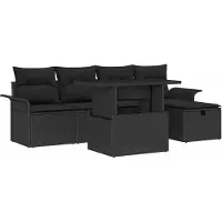 Syfax Ensemble canapé de jardin modulable 6 pièces, poly rotin noir texturé, avec coussins zippés, table réglable plateau verre trempé, capacité 5 personnes