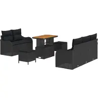 Syfax Salon de Jardin Modulable 8 pcs, Canapé Extérieur 7 Places, Polyrotin & Bois d'Acacia, Table Réglable Hauteur, Noir, Résistant UV & Intempéries