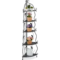 Relaxdays Étagère d'angle en métal , 5 tablettes, L x H x P : 136 x 30 x 30 cm, étagère à plantes sur pied, pliable, style vintage, noir