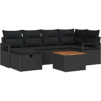 Syfax Ensemble Canapé de Jardin Modulable, 7 Pièces, 6 Places, Poly Rotin Noir Texturé, Rangement Intégré, Coussins Extérieur, Pieds Réglables