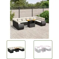 The Living Store 11 pcs. salon de jardin avec coussins noir poly rotin