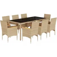 Syfax Ensemble à manger de jardin et coussins 9 pcs beige rotin verre