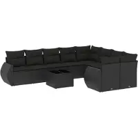 Syfax Ensemble de Canapés Modulables de Jardin 10 Pièces, Résine Tressée Noire, Acier Enduit de Poudre, Table en Verre Trempé, Coussins Déhoussables