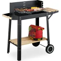 Relaxdays Barbecue avec roulettes, 2 tablettes, grille réglable en hauteur, pare-vent, chariot de barbecue D x L x H : 80,5 x 86 x 42 cm, noir