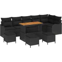 Syfax Ensemble Salon de Jardin Modulable 9 Places, Polyrotin Noir & Bois d'Acacia Massif, Table Basse Convertible, Coussins Déhoussables