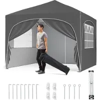 Costway Tente pliante 3 x 3 m avec 4 parois latérales amovibles, tente pop-up avec protection UV, imperméable, tente de jardin, pavillon de jardin avec sac, gris