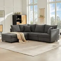 Merax Canapé d'angle 5 places , Canapé-lit avec pouf convertible 1 pièce, Canapé modulable en L/U Canapé rembourré en coton lin, Gris