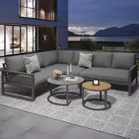 MODFU Salon de jardin, fauteuil relax, ensemble de meubles de balcon, canapé d'angle en rotin avec structure en fer galvanisé, pieds réglables, gris