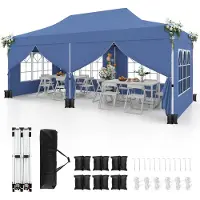Costway Pavillon 3x6m, Pavillon pliable avec 6 parois latérales amovibles, sacs de sable & sac de transport, Pavillon de jardin Tente de réception résistant à l'hiver Protection UV 50+ Bleu