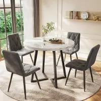 MODFU Table À Manger Ronde, Design Moderne Avec Plateau MDF Marbré Et Pieds Métal Noir, 80 x 75 cm - Noir