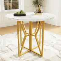 Flieks Table de salle à manger ronde, 80x76 cm, Table de salle à manger avec pieds en métal, Table de cuisine en bois pour salle à manger salon, blanc+or