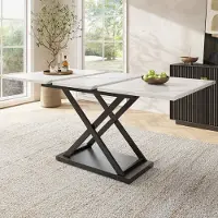 OKWISH Table À Manger - Extensible Avec Pieds Métal Croisés, Plateau Bois Noyer, 120-160 x 80 x 75 cm - Blanc