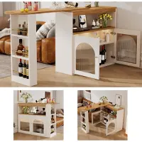Flieks Table de salle à manger et de bar , pivotante à 360°, table de salle à manger et de cuisine à rallonge avec rangement, table haute et buffet avec éclairage LED, blanc