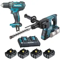 Makita Perceuse visseuse DDF482 + Perforateur burineur SDS-PLUS DHR264 - - avec 4 batteries 18V 4.0Ah + chargeur double - LOT0234