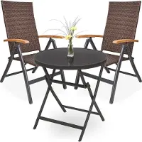 Ed Brubaker Salon de jardin Modena - 1 table en verre pliante ronde 70 cm Ø avec 2 chaises en polyrattan - résistant aux intempéries - brun/anthracite