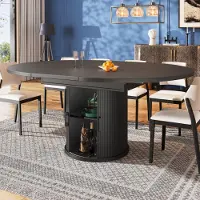 Flieks table de repas ronde extensible à ovale, table télescopique 118-158x118x76.8 cm, table de cuisine avec espace de rangement et portes coulissantes, grande table ronde noire