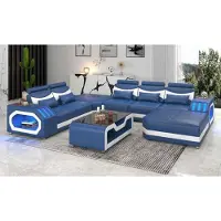 JV Möbel Canapé Moderne XXL En U Grand D’Angle En Cuir Bleu Cuir Synthétique