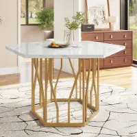 Flieks Table de cuisine à manger Secheckig, table de salle à manger avec pieds en métal, bureau table de travail table aspect marbre, 115.5x100x75 cm, Blanc+Doré