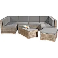 Melko Ensemble de salon en polyrotin avec canapé, pouf et table, résistant aux intempéries, gris