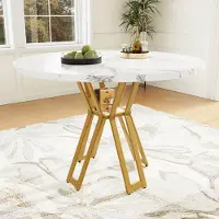 UnboxG Table à manger ronde Marbrée 100×100×76cm - Léger/luxueux, 4-6 pers., plateau MDF, pieds dorés, salle à manger/salon